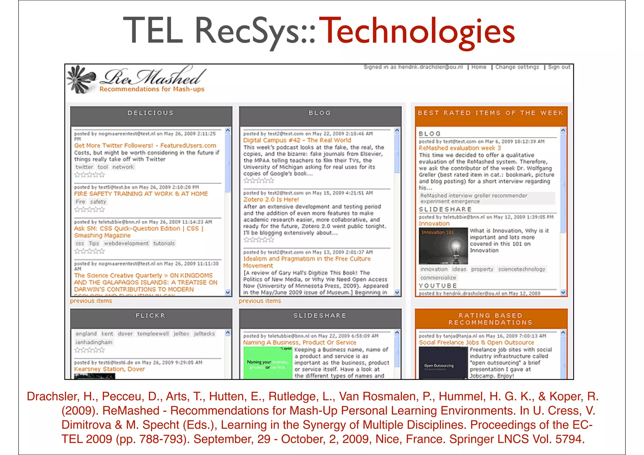 TEL RecSys:: Technologies




Drachsler, H., Pecceu, D., Arts, T., Hutten, E., Rutledge, L., Van Rosmalen, P., Hummel, H. G. K., & Koper, R.
      (2009). ReMashed - Recommendations for Mash-Up Personal Learning Environments. In U. Cress, V.
      Dimitrova & M. Specht (Eds.), Learning in the Synergy of Multiple Disciplines. Proceedings of the EC-
      TEL 2009 (pp. 788-793). September, 29 - October, 2, 2009, Nice, France. Springer LNCS Vol. 5794.
                                                         32
 