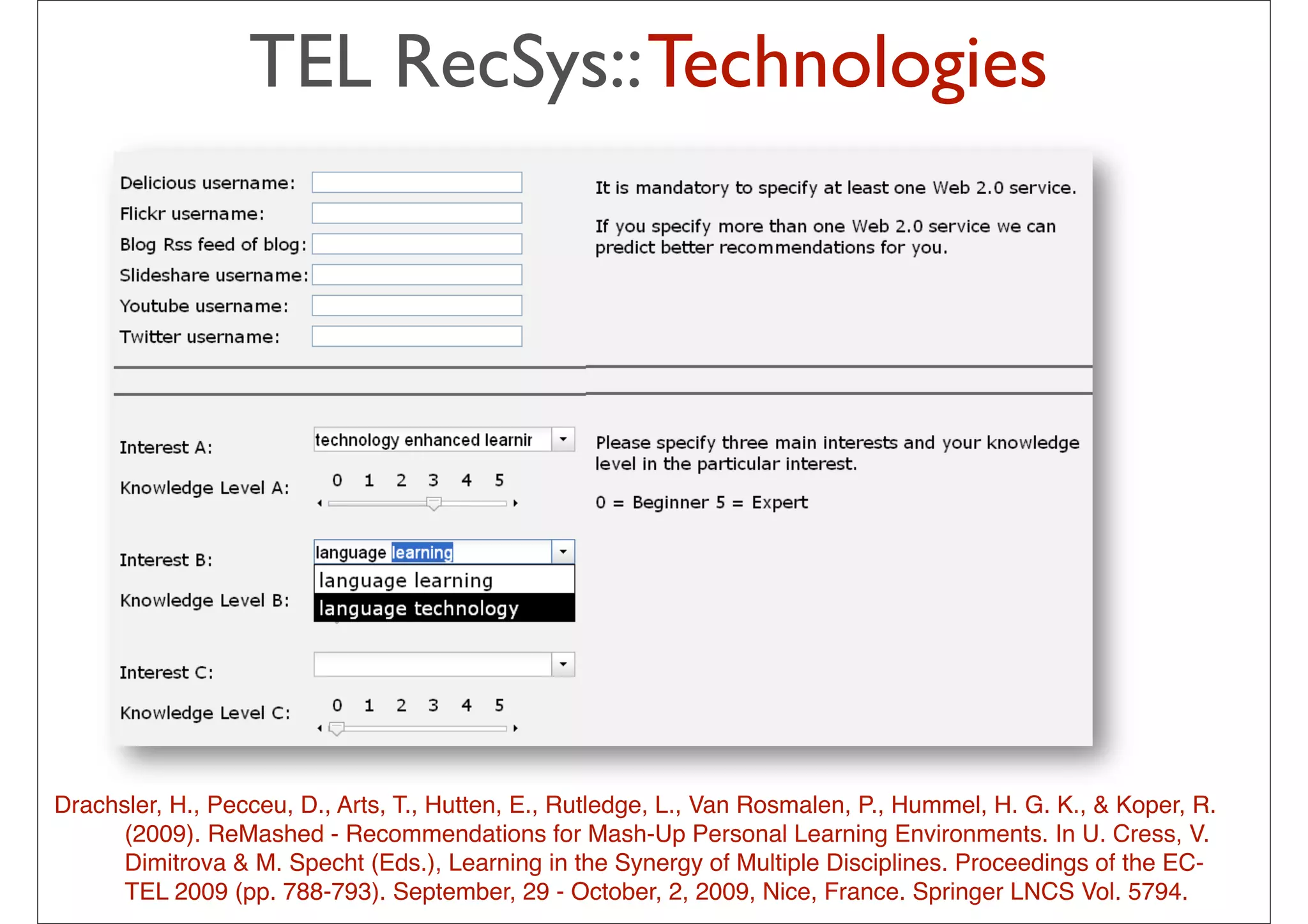 TEL RecSys:: Technologies




Drachsler, H., Pecceu, D., Arts, T., Hutten, E., Rutledge, L., Van Rosmalen, P., Hummel, H. G. K., & Koper, R.
      (2009). ReMashed - Recommendations for Mash-Up Personal Learning Environments. In U. Cress, V.
      Dimitrova & M. Specht (Eds.), Learning in the Synergy of Multiple Disciplines. Proceedings of the EC-
      TEL 2009 (pp. 788-793). September, 29 - October, 2, 2009, Nice, France. Springer LNCS Vol. 5794.
                                                         33
 