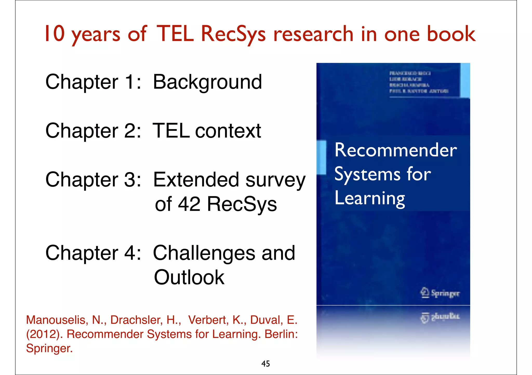 10 years of TEL RecSys research in one book

   Chapter 1: Background

   Chapter 2: TEL context
                                                        Recommender
   Chapter 3: Extended survey                           Systems for
              of 42 RecSys                              Learning

   Chapter 4: Challenges and
              Outlook
Manouselis, N., Drachsler, H., Verbert, K., Duval, E.
(2012). Recommender Systems for Learning. Berlin:
Springer.
                                             45
 