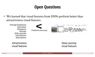 Open Questions
• We learned that visual features from DNNs perform better than
attractiveness visual features.
10/10/19 D....