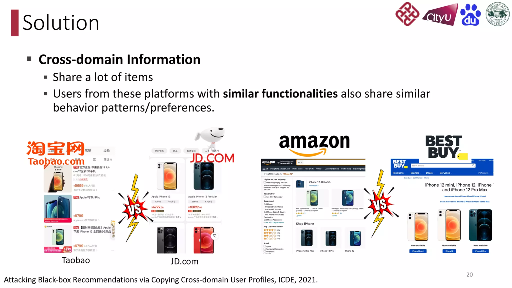 § Cross-domain Information
§ Share a lot of items
§ Users from these platforms with similar functionalities also share similar
behavior patterns/preferences.
Solution
20
Taobao JD.com
Attacking Black-box Recommendations via Copying Cross-domain User Profiles, ICDE, 2021.
 