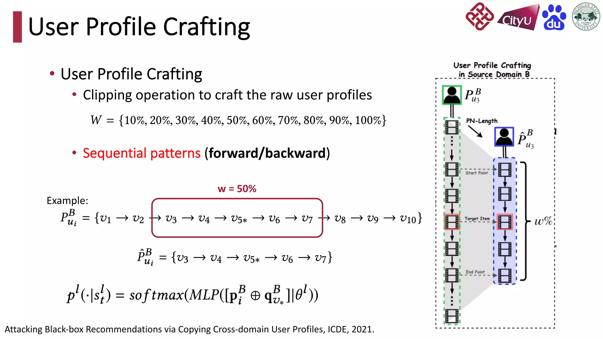 • User Profile Crafting
• Clipping operation to craft the raw user profiles
• Sequential patterns (forward/backward)
27
User Profile Crafting
w = 50%
Example:
Attacking Black-box Recommendations via Copying Cross-domain User Profiles, ICDE, 2021.
 