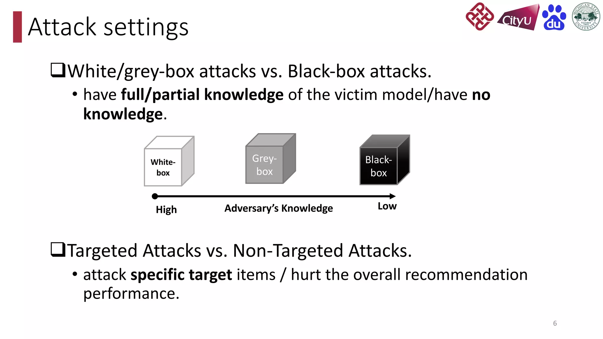 Attack settings
6
qWhite/grey-box attacks vs. Black-box attacks.
• have full/partial knowledge of the victim model/have no
knowledge.
qTargeted Attacks vs. Non-Targeted Attacks.
• attack specific target items / hurt the overall recommendation
performance.
Grey-
box
White-
box
Black-
box
Adversary’s Knowledge
High Low
 