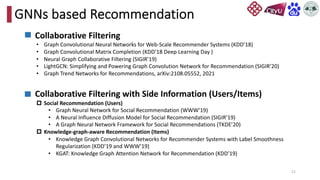21
GNNs based Recommendation
Collaborative Filtering
• Graph Convolutional Neural Networks for Web-Scale Recommender Systems (KDD’18)
• Graph Convolutional Matrix Completion (KDD’18 Deep Learning Day )
• Neural Graph Collaborative Filtering (SIGIR’19)
• LightGCN: Simplifying and Powering Graph Convolution Network for Recommendation (SIGIR’20)
• Graph Trend Networks for Recommendations, arXiv:2108.05552, 2021
Collaborative Filtering with Side Information (Users/Items)
p Social Recommendation (Users)
• Graph Neural Network for Social Recommendation (WWW’19)
• A Neural Influence Diffusion Model for Social Recommendation (SIGIR’19)
• A Graph Neural Network Framework for Social Recommendations (TKDE’20)
p Knowledge-graph-aware Recommendation (Items)
• Knowledge Graph Convolutional Networks for Recommender Systems with Label Smoothness
Regularization (KDD’19 and WWW’19)
• KGAT: Knowledge Graph Attention Network for Recommendation (KDD’19)
 