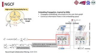28
NGCF
Embedding Propagation, inspired by GNNs
• Propagate embeddings recursively on the user-item graph
• Construct information flows in the embedding space
Neural Graph Collaborative Filtering. SIGIR 2019.
User-item
Graph
collaborative signal: message passed
from interacted items to 𝑢
Self-connections
High-order Connectivity for 𝑢1
 