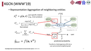 KGCN (WWW’19)
• Representation Aggregation of neighboring entities
mong
GCN
and
ectly
ty ei
duct)
(1)
and
ns. In
(a)
𝐞𝑢
[ℎ + 1]
𝐞1
𝑢
[ℎ]
𝐞2
𝑢
[ℎ] 𝐞3
𝑢
[ℎ]
𝐞4
𝑢
[ℎ]
෤
𝜋𝑟𝑣,𝑒2
𝑢
e𝑢
[ℎ]
……
𝐞𝑢
[𝐻]
item 𝐮 user
ො
𝑦
predicted probability
iteration ℎ + 1
෤
𝜋𝑟𝑣,𝑒1
𝑢
෤
𝜋𝑟𝑣,𝑒3
𝑢
෤
𝜋𝑟𝑣,𝑒4
𝑢
(𝐯𝑢
)
(b)
Transform a heterogeneous KG into a
user-personalized weighted graph
Normalized
user-specific relation
(e.g., inner product)
Knowledge Graph Convolutional Networks for Recommender Systems. WWW 2019. 57
 