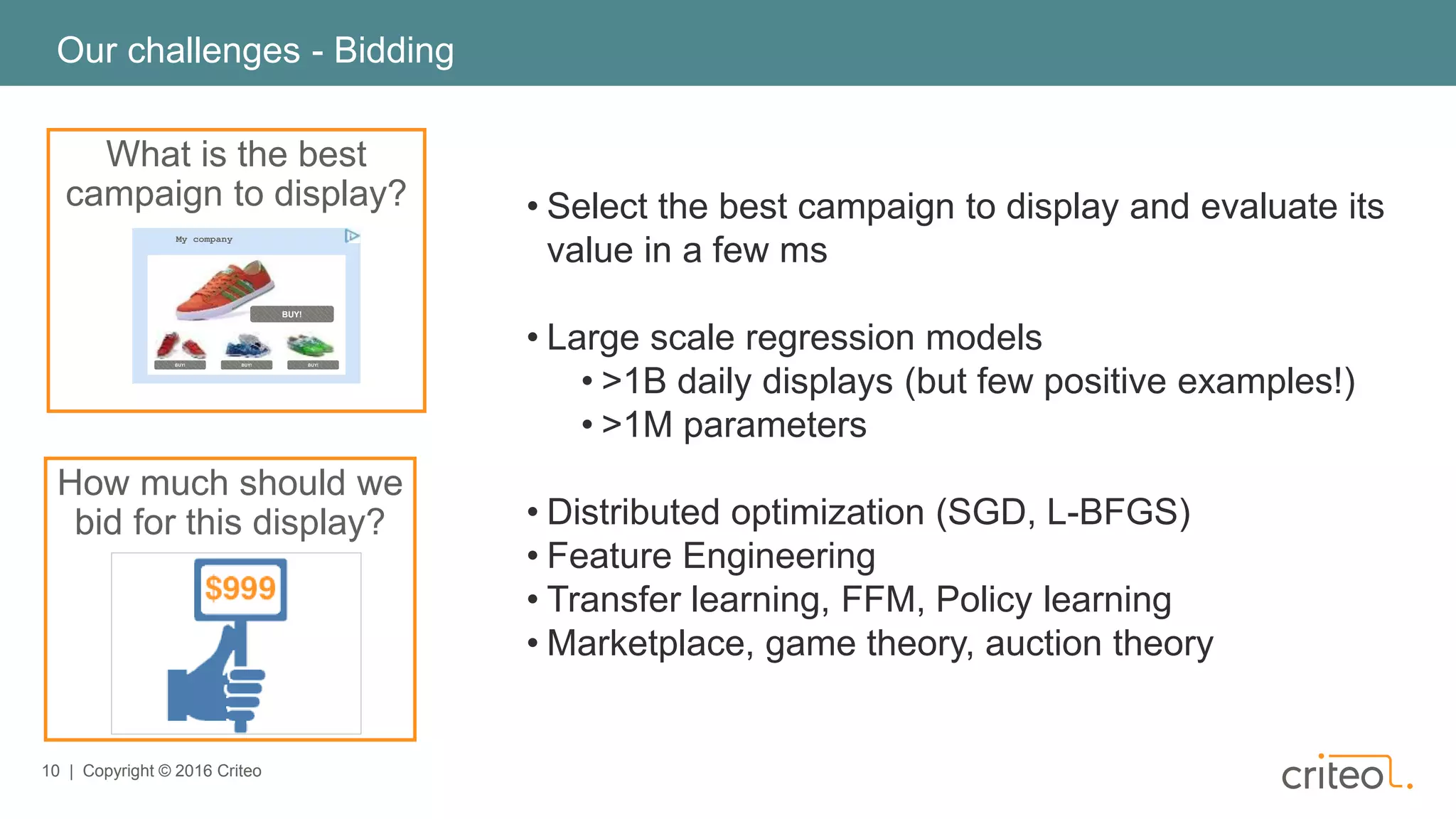 10 | Copyright © 2016 Criteo
Our challenges - Bidding
How much should we
bid for this display?
What is the best
campaign to display?
My company
BUY! BUY! BUY!
BUY!
• Select the best campaign to display and evaluate its
value in a few ms
• Large scale regression models
• >1B daily displays (but few positive examples!)
• >1M parameters
• Distributed optimization (SGD, L-BFGS)
• Feature Engineering
• Transfer learning, FFM, Policy learning
• Marketplace, game theory, auction theory
 
