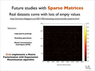 Future studies with Sparse Matrices
     Real datasets come with lots of empty values
      http://aimotion.blogspot.com/2011/05/evaluating-recommender-systems.html



   Solutions:

          scipy.sparse package

          Sharding operations

          Matrix Factorization
           techniques (SVD)




  Crab implements a Matrix
Factorization with Expectation
   Maximization algorithm

                                                      Apontador Reviews Dataset
 
