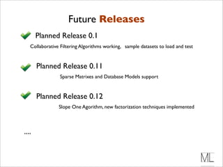 Future Releases
       Planned Release 0.1
   Collaborative Filtering Algorithms working, sample datasets to load and test


       Planned Release 0.11
                Sparse Matrixes and Database Models support


       Planned Release 0.12
                Slope One Agorithm, new factorization techniques implemented



....
 