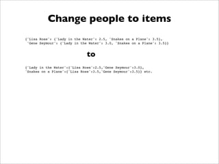 Change people to items
{'Lisa Rose': {'Lady in the Water': 2.5, 'Snakes on a Plane': 3.5},
 'Gene Seymour': {'Lady in the Water': 3.0, 'Snakes on a Plane': 3.5}}


                              to
{'Lady in the Water':{'Lisa Rose':2.5,'Gene Seymour':3.0},
'Snakes on a Plane':{'Lisa Rose':3.5,'Gene Seymour':3.5}} etc.
 