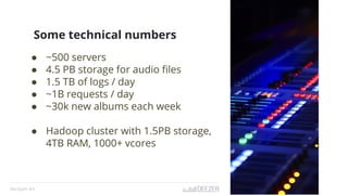 ● ~500 servers
● 4.5 PB storage for audio files
● 1.5 TB of logs / day
● ~1B requests / day
● ~30k new albums each week
● Hadoop cluster with 1.5PB storage,
4TB RAM, 1000+ vcores
Some technical numbers
RecSysFr #3
 