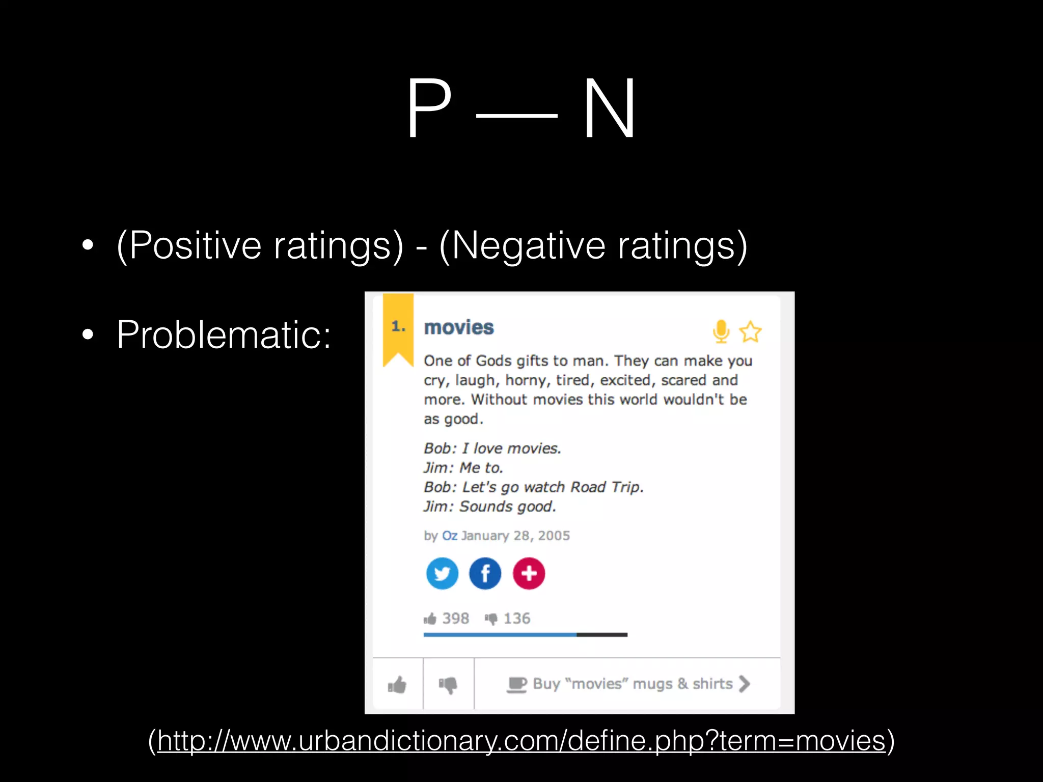 P — N
• (Positive ratings) - (Negative ratings)
• Problematic: 
 
 
 
 
 
(http://www.urbandictionary.com/deﬁne.php?term=movies)
 