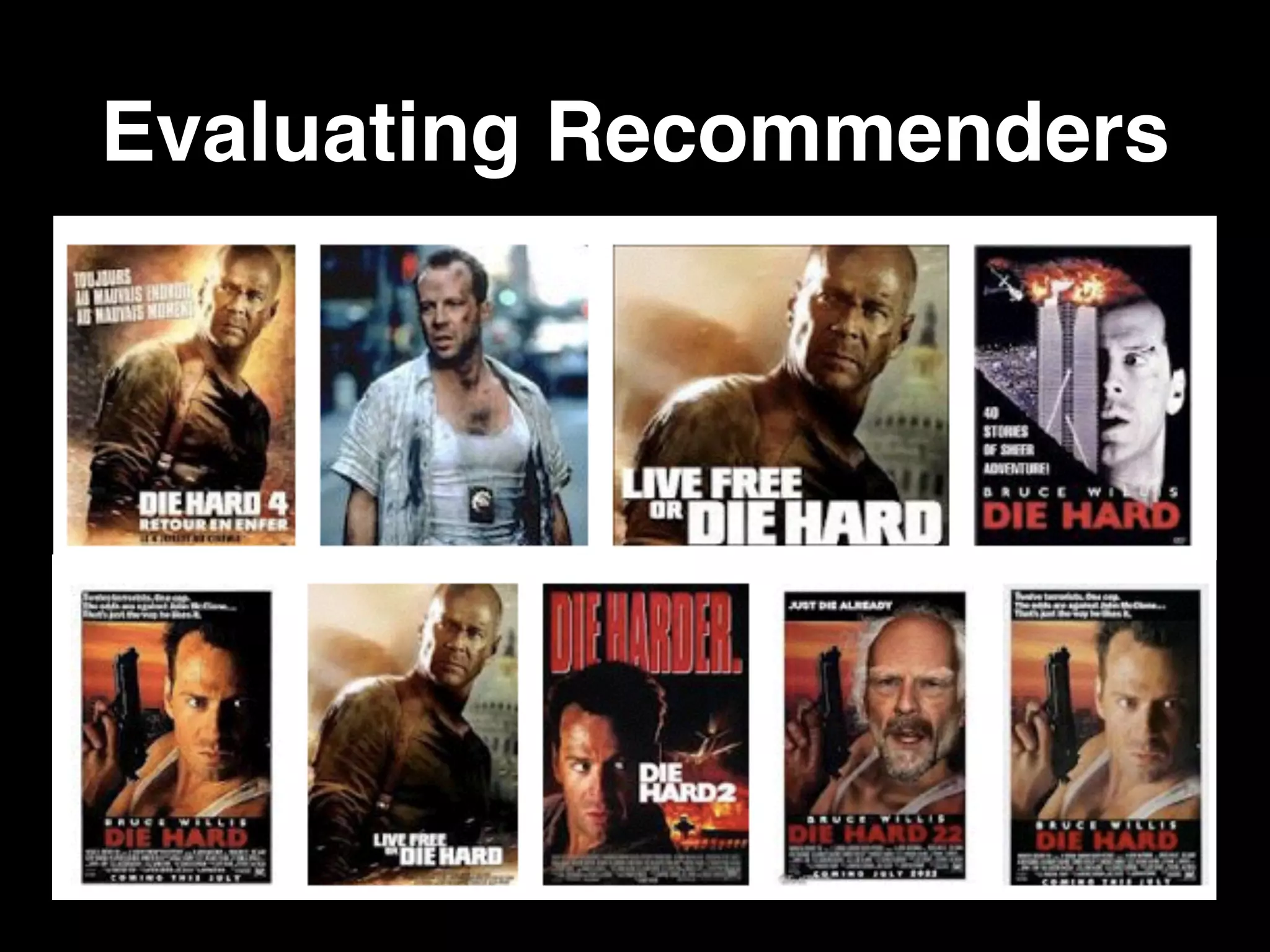 Evaluating Recommenders
rmse(S) =
s
|S| 1
X
(i,u)2S
(ˆrui rui)2
 