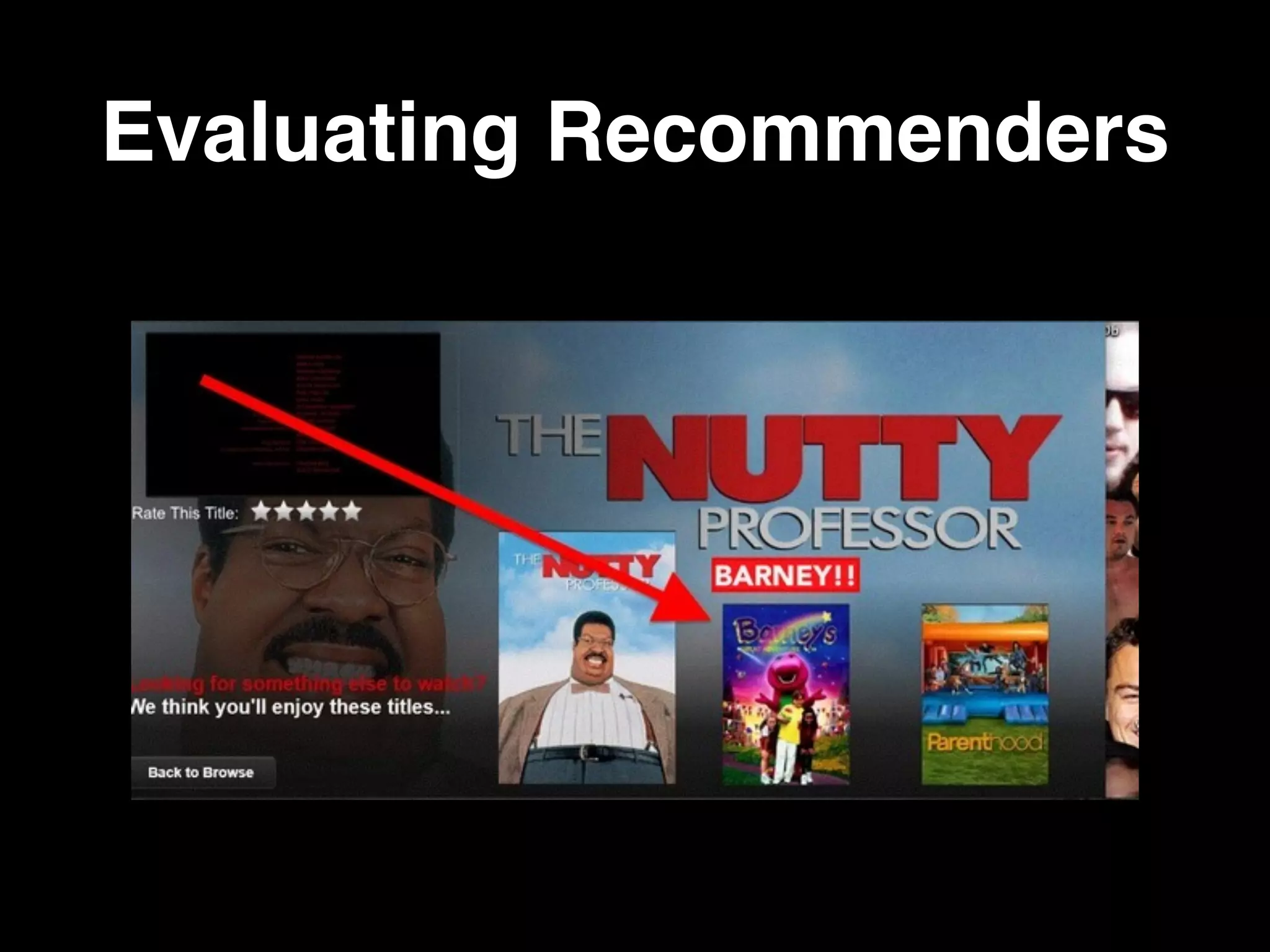 Evaluating Recommenders
rmse(S) =
s
|S| 1
X
(i,u)2S
(ˆrui rui)2
 