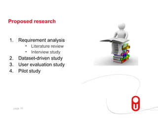 Proposed research


1.   Requirement analysis
           •   Literature review
           •   Interview study
2.   Dataset-driven study
3.   User evaluation study
4.   Pilot study




 page 16
 
