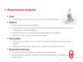 1. Requirement analysis

  •   Goal
       • Investigating the teachers’ main needs and requirements
  •   Method
       • Nominal group technique (NGT)
       • 18 teachers (novices, experts, mentors and supervising teachers) from the
         Limburg area, the Netherlands
       • Inviting teachers to cluster the generated ideas by WebSort
       • Survey on use of social media by teachers
  •   Description
       • “What kind of support do you need to provide innovative teaching at your
         school?"
       • Writing down the ideas, discussion, clustering, ranking the ideas
  •   Expected outcomes
       • An inventory list of teachers’ needs and requirements
       • A framework to identify suitable recommender systems’ strategies for our
  page 17 target   users
 