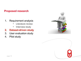 Proposed research


1.   Requirement analysis
           •   Literature review
           •   Interview study
2.   Dataset-driven study
3.   User evaluation study
4.   Pilot study




 page 18
 