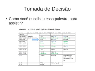 Tomada de Decisão
●   Como você escolheu essa palestra para
    assistir?
 