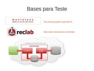 Bases para Teste

      http://www.grouplens.org/node/73




      http://code.richrelevance.com/reclab/
 