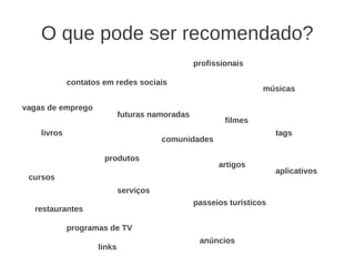 O que pode ser recomendado?
                                                profissionais

             contatos em redes sociais
                                                                  músicas

vagas de emprego
                            futuras namoradas
                                                        filmes
    livros                                                            tags
                                       comunidades

                      produtos
                                                      artigos
                                                                      aplicativos
 cursos
                            serviços
                                                passeios turísticos
  restaurantes

             programas de TV
                                                 anúncios
                    links
 