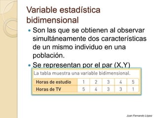 Variable estadística
bidimensional
 Son las que se obtienen al observar
simultáneamente dos características
de un mismo individuo en una
población.
 Se representan por el par (X,Y)
Juan Fernando López
 