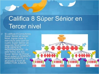 Califica 8 Súper Sénior en Tercer nivelSi calificas 8 Consultores Súper Sénior en tercer Nivel, logras crear la estructura para que tus cuatro Súper Sénior de segundo Nivel suban a SUB GERENTE INDEPENDIENTE,  de esta forma, tus dos Súper Sénior de Primer Nivel suben a GERENTE INDEPENDIENTE y tu alcanzas el nivel de DIRECTOR JUNIOR.