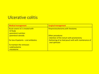 Ulcerative colitis
Medical management Surgical management
Acute severe UC is treated with
-IV fluids
-parenteral nutrition
-parenteral steroids
For less ill patients – oral antibiotics
To maintain the remission
-sulphasalazine
-mesalazine
Panproctocolectomy with ileostomy
Other procedures
-retention of the rectum with proctectomy
-fashioning of an ileal pouch with with maintenance of
anal sphincter
 