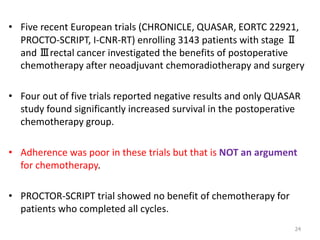 • Five recent European trials (CHRONICLE, QUASAR, EORTC 22921,
PROCTO-SCRIPT, I-CNR-RT) enrolling 3143 patients with stage Ⅱ
and Ⅲrectal cancer investigated the benefits of postoperative
chemotherapy after neoadjuvant chemoradiotherapy and surgery
• Four out of five trials reported negative results and only QUASAR
study found significantly increased survival in the postoperative
chemotherapy group.
• Adherence was poor in these trials but that is NOT an argument
for chemotherapy.
• PROCTOR-SCRIPT trial showed no benefit of chemotherapy for
patients who completed all cycles.
24
 
