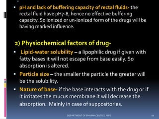 @
 pH and lack of buffering capacity of rectal fluids- the
rectal fluid have pH7-8, hence no effective buffering
capacity. So ionized or un-ionized form of the drugs will be
having marked influence.
2) Physiochemical factors of drug-
 Lipid-water solubility – a lipophilic drug if given with
fatty bases it will not escape from base easily. So
absorption is altered.
 Particle size – the smaller the particle the greater will
be the solubility.
 Nature of base- if the base interacts with the drug or if
it irritates the mucus membrane it will decrease the
absorption. Mainly in case of suppositories.
10DEPARTMENT OF PHARMACEUTICS, NIPS
 