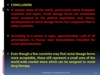@
 CONCLUSION
 In certain areas of the world, particularly some European
countries and Japan, rectal dosage forms are somewhat
more accepted by the patient population and, hence,
development of rectal dosage forms has surpassed that in
other countries.
 According to a survey in 1970, approximately 7.5% of all
prescriptions in France were formulations intended for
rectal administration.
 Even though a few countries may find rectal dosage forms
more acceptable, these still represent a small area of the
world-wide market share which can be assigned to rectal
drug therapy.
33DEPARTMENT OF PHARMACEUTICS, NIPS
 