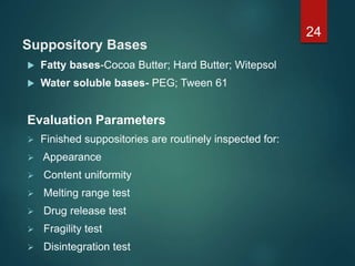 Suppository Bases
 Fatty bases-Cocoa Butter; Hard Butter; Witepsol
 Water soluble bases- PEG; Tween 61
Evaluation Parameters
 Finished suppositories are routinely inspected for:
 Appearance
 Content uniformity
 Melting range test
 Drug release test
 Fragility test
 Disintegration test
24
 