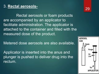 3. Rectal aerosols-
Rectal aerosols or foam products
are accompanied by an applicator to
facilitate administration. The applicator is
attached to the container and filled with the
measured dose of the product.
Metered dose aerosols are also available.
Applicator is inserted into the anus and
plunger is pushed to deliver drug into the
rectum.
29
 