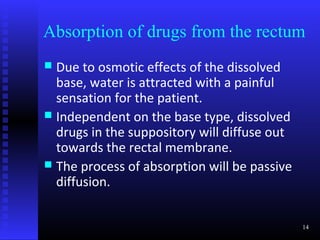 Absorption of drugs from the rectum
 Due to osmotic effects of the dissolved
  base, water is attracted with a painful
  sensation for the patient.
 Independent on the base type, dissolved
  drugs in the suppository will diffuse out
  towards the rectal membrane.
 The process of absorption will be passive
  diffusion.


                                              14
 