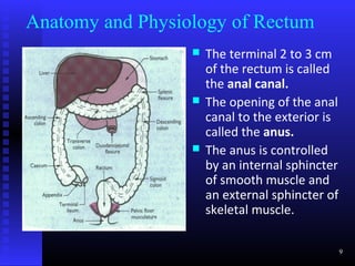 Anatomy and Physiology of Rectum
                     The terminal 2 to 3 cm
                      of the rectum is called
                      the anal canal.
                     The opening of the anal
                      canal to the exterior is
                      called the anus.
                     The anus is controlled
                      by an internal sphincter
                      of smooth muscle and
                      an external sphincter of
                      skeletal muscle.

                                                 9
 