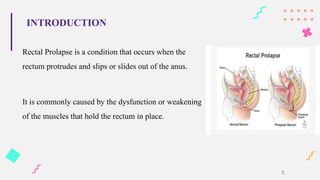 INTRODUCTION
Rectal Prolapse is a condition that occurs when the
rectum protrudes and slips or slides out of the anus.
It is commonly caused by the dysfunction or weakening
of the muscles that hold the rectum in place.
3
 