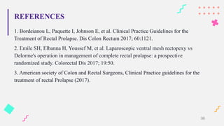 REFERENCES
1. Bordeianou L, Paquette I, Johnson E, et al. Clinical Practice Guidelines for the
Treatment of Rectal Prolapse. Dis Colon Rectum 2017; 60:1121.
2. Emile SH, Elbanna H, Youssef M, et al. Laparoscopic ventral mesh rectopexy vs
Delorme's operation in management of complete rectal prolapse: a prospective
randomized study. Colorectal Dis 2017; 19:50.
3. American society of Colon and Rectal Surgeons, Clinical Practice guidelines for the
treatment of rectal Prolapse (2017).
36
 