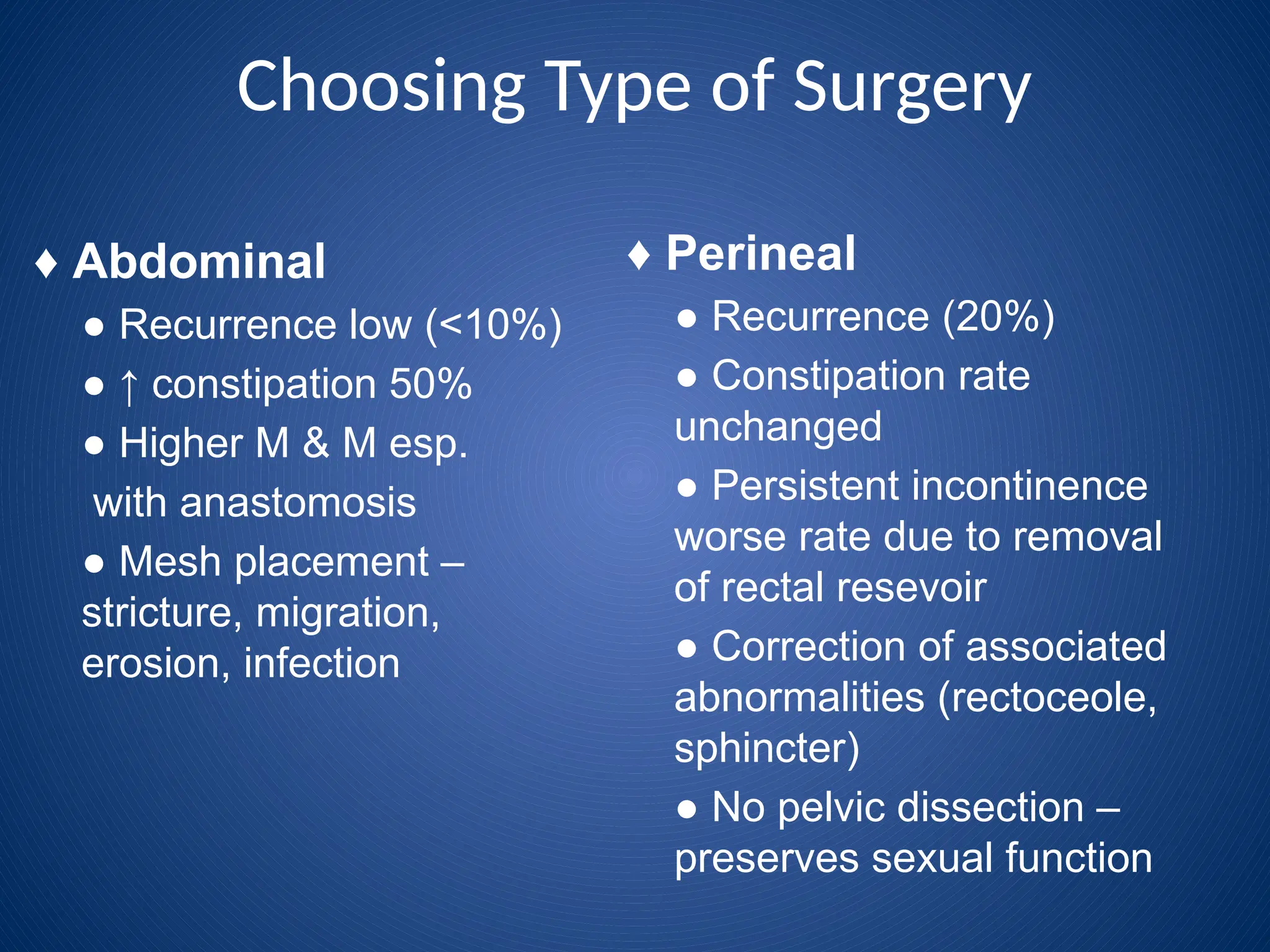 Choosing Type of Surgery
♦ Abdominal
● Recurrence low (<10%)
● ↑ constipation 50%
● Higher M & M esp.
with anastomosis
● Mesh placement –
stricture, migration,
erosion, infection
♦ Perineal
● Recurrence (20%)
● Constipation rate
unchanged
● Persistent incontinence
worse rate due to removal
of rectal resevoir
● Correction of associated
abnormalities (rectoceole,
sphincter)
● No pelvic dissection –
preserves sexual function
 