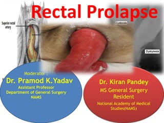 Dr. Kiran Pandey
MS General Surgery
Resident
National Academy of Medical
Studies(NAMS)
Rectal Prolapse
Moderator :
Dr. Pramod K.Yadav
Assistant Professor
Department of General Surgery
NAMS
 