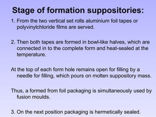 Stage of formation suppositories:
1. From the two vertical set rolls aluminium foil tapes or
polyvinylchloride films are served.
2. Then both tapes are formed in bowl-like halves, which are
connected in to the complete form and heat-sealed at the
temperature.
At the top of each form hole remains open for filling by a
needle for filling, which pours on molten suppository mass.
Thus, a formed from foil packaging is simultaneously used by
fusion moulds.
3. On the next position packaging is hermetically sealed.
 