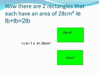 Now there are 2 rectangles that
each have an area of 28cm² ie
lb+lb=2lb
28cm²
28cm²
l x b= 7 x 4= 28cm²
