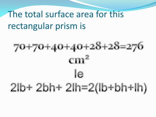 The total surface area for this
rectangular prism is