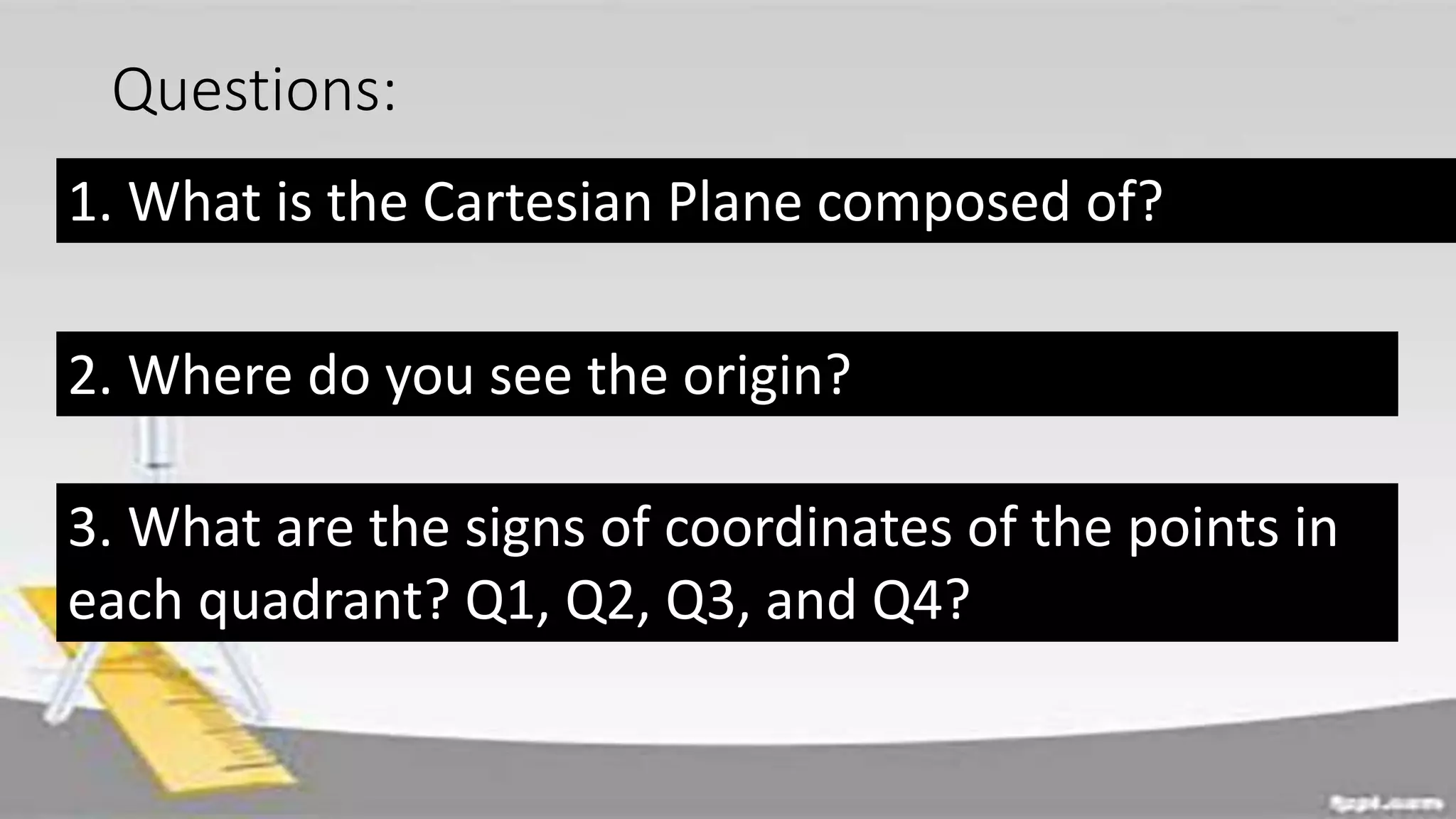 Questions:
1. What is the Cartesian Plane composed of?
2. Where do you see the origin?
3. What are the signs of coordinates of the points in
each quadrant? Q1, Q2, Q3, and Q4?
 