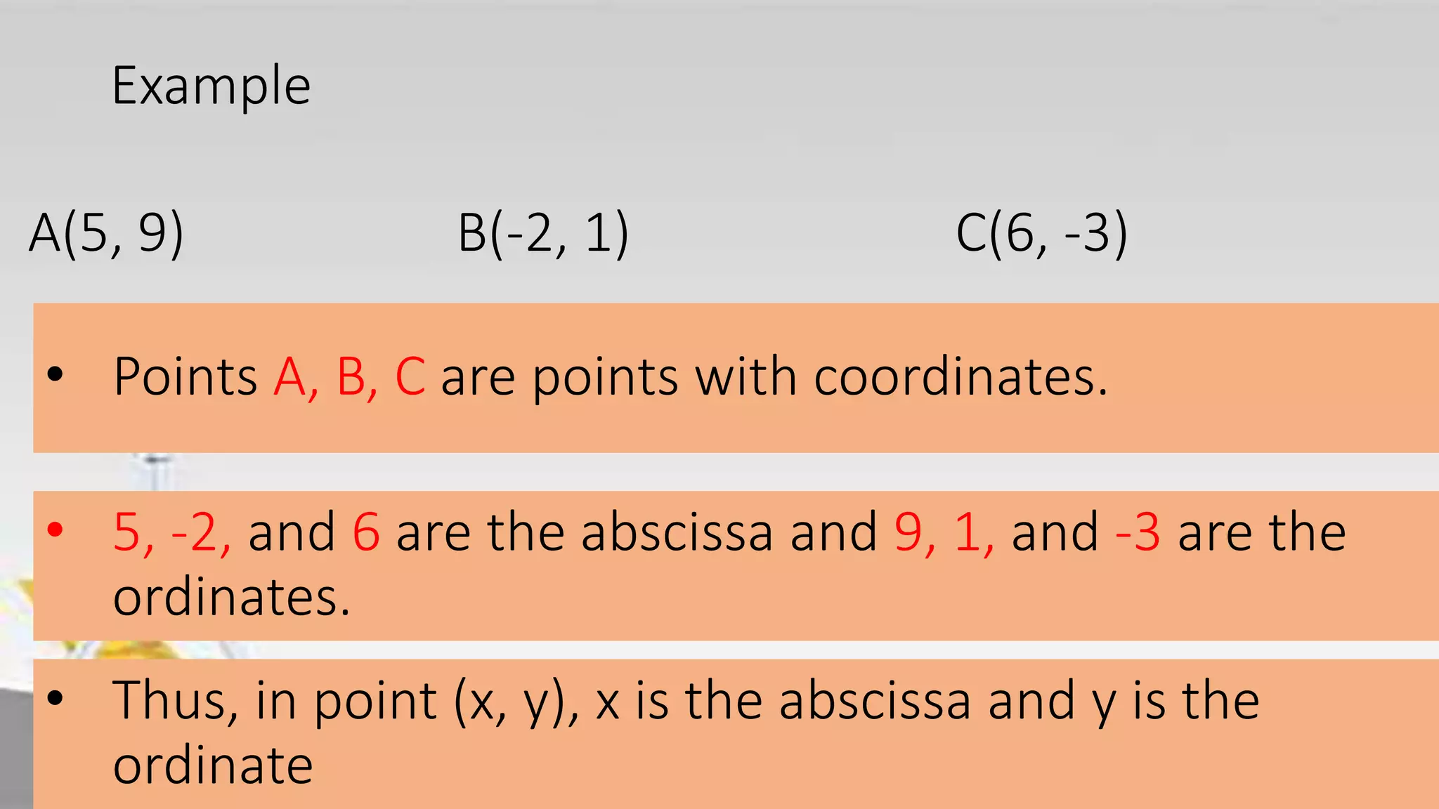 Example
• Points A, B, C are points with coordinates.
• 5, -2, and 6 are the abscissa and 9, 1, and -3 are the
ordinates.
A(5, 9) B(-2, 1) C(6, -3)
• Thus, in point (x, y), x is the abscissa and y is the
ordinate
 