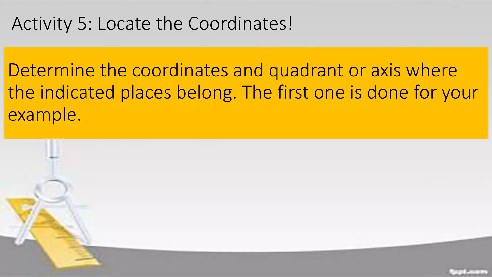 Activity 5: Locate the Coordinates!
Determine the coordinates and quadrant or axis where
the indicated places belong. The first one is done for your
example.
 