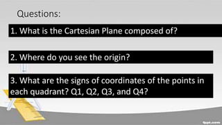 Questions:
1. What is the Cartesian Plane composed of?
2. Where do you see the origin?
3. What are the signs of coordinates of the points in
each quadrant? Q1, Q2, Q3, and Q4?
 