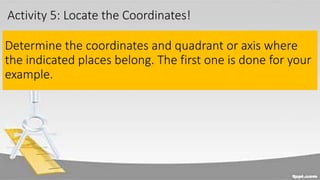 Activity 5: Locate the Coordinates!
Determine the coordinates and quadrant or axis where
the indicated places belong. The first one is done for your
example.
 