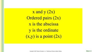 x and y (2x)
Ordered pairs (2x)
x is the abscissa
y is the ordinate
(x,y) is a point (2x)
Slide 4- 8
Copyright © 2007 Pearson Education, Inc. Publishing as Pearson Addison-Wesley
 