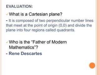 EVALUATION:
 What is a Cartesian plane?
- It is composed of two perpendicular number lines
that meet at the point of origin (0,0) and divide the
plane into four regions called quadrants.
 Who is the “Father of Modern
Mathematics”?
- Rene Descartes
 