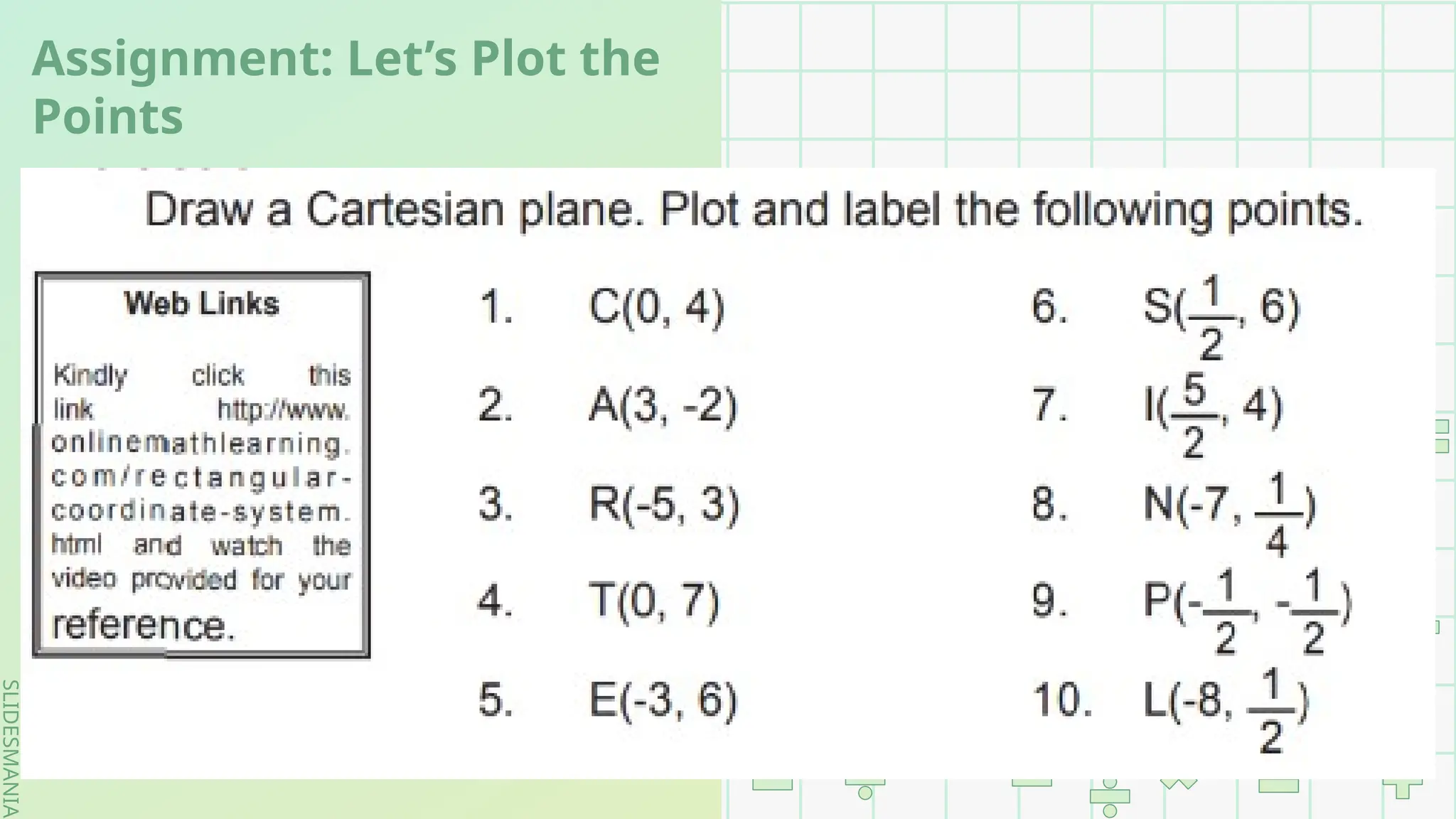 SLIDESMANIA.
SLIDESMANIA.
Assignment: Let’s Plot the
Points
 