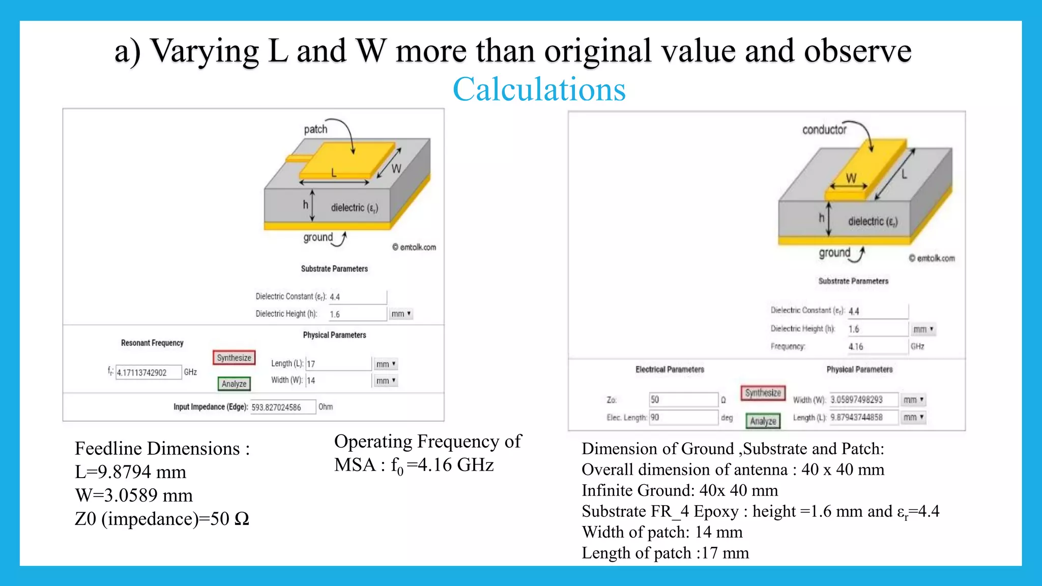 a) Varying L and W more than original value and observe
Calculations
Feedline Dimensions :
L=9.8794 mm
W=3.0589 mm
Z0 (impedance)=50 Ω
Dimension of Ground ,Substrate and Patch:
Overall dimension of antenna : 40 x 40 mm
Infinite Ground: 40x 40 mm
Substrate FR_4 Epoxy : height =1.6 mm and εr=4.4
Width of patch: 14 mm
Length of patch :17 mm
Operating Frequency of
MSA : f0 =4.16 GHz
 